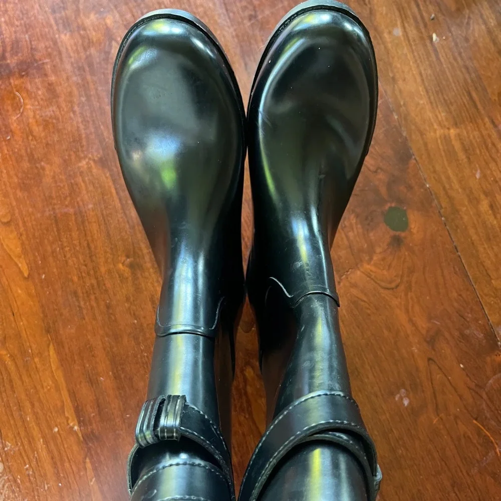 Coach Trisha Black Rubber Rain Boots Gold Turnlock Tall Womens 7B Q7190